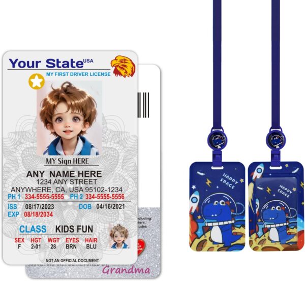 Personalized Kid Driver License Custom Child ID Card with Holder Printed Emergency Contact Information. NOT Official Use(Silver Gray)